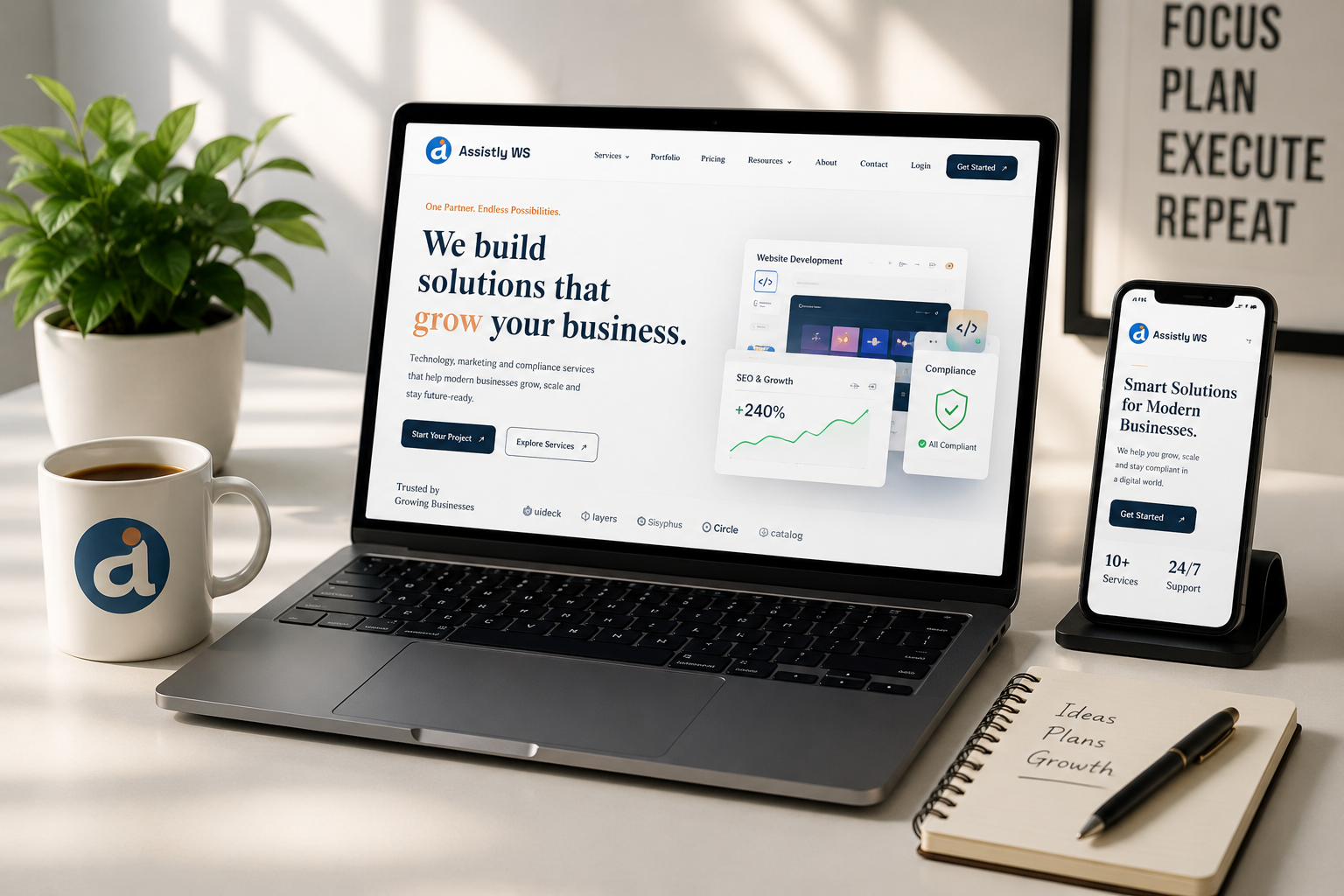 Laptop and phone mockups showing Assistly digital business service dashboards